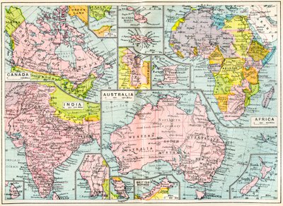 Karta över brittiska ägodelar 1914 vid utbrottet av första världskriget, från The British Empire Universities Modern English Illustrated Dictionary, pub.1914 av English School