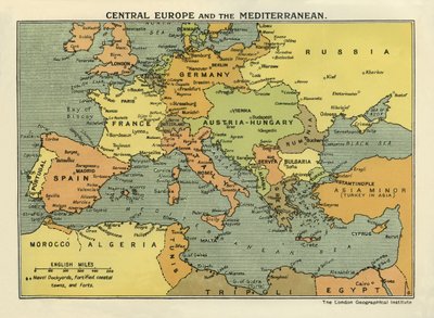 Karta över Centraleuropa och Medelhavsområdet, från "The History of the Great European War, Vol. III" (tryck) av English School