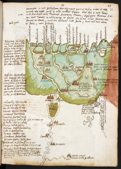 Karta över Nedre Egypten, från Sir Walter Raleighs anteckningsbok (1552-1618), c.1606-08 (penna och bläck på papper) av English School