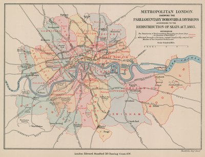 Karta över Metropolitan London som visar de parlamentariska stadsdelarna och divisionerna, 1885 av English School