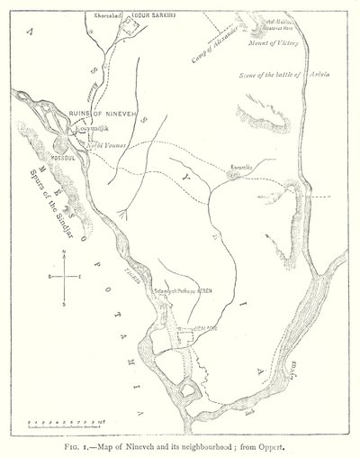 Karta över Nineveh och dess grannskap; från Oppert (gravyr) av English School