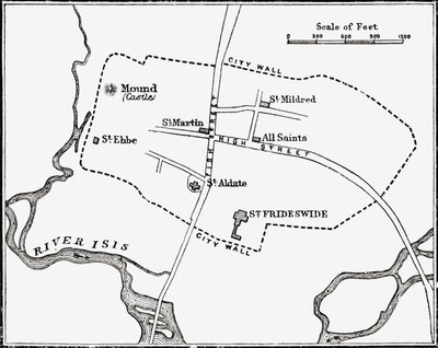 Karta över Oxford, England, 1100-1300-talet, från "A Short History of the English People" av J. R. Green, publicerad 1893. av English School