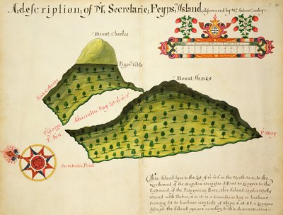 Karta över Secretaire och Pepys Islands i Magellan Straits, ca 1628 (penna, bläck och akvarell på papper) av English School