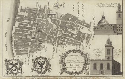 Karta över Walbrook Ward och Dowgate Ward, London av English School