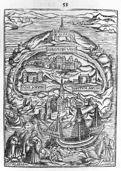 Karta över ön Utopia, bokens frontispice, 1563 av English School
