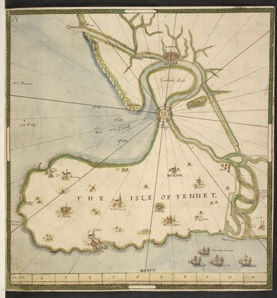 Karta över Isle of Thanet och Sandwich Marsh, baserad på en plan av John Rogers, ca 1610 (penna, bläck och akvarell på papper) av English School