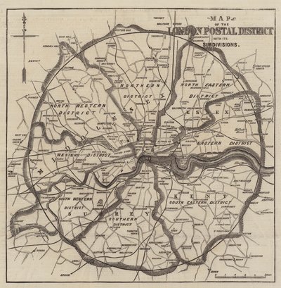 Karta över Londons postdistrikt (gravyr) av English School