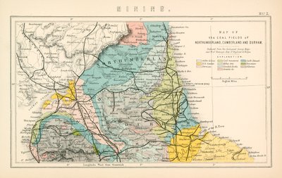 Karta över kolfälten i Northumberland, Cumberland och Durham (färglitografi) av English School