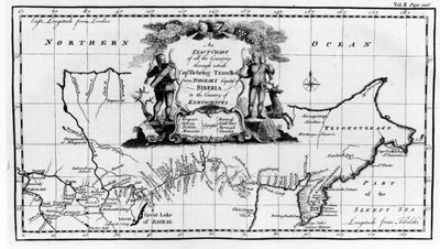Karta över rutten som togs av Vitus Bering (1681-1741) över Sibirien till Kamchatka, från Navigantium atque Itinerantium Bibliotheca publicerad 1744 av English School