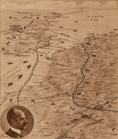 Karta som visar räckvidden för Tysklands kanoner som nådde England under första världskriget (litografi) av English School