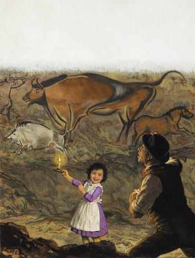 Marcelino Sanz de Sautuola (1831-88) och hans dotter Maria upptäcker grottmålningarna i Altamira (gouache på papper) av English School