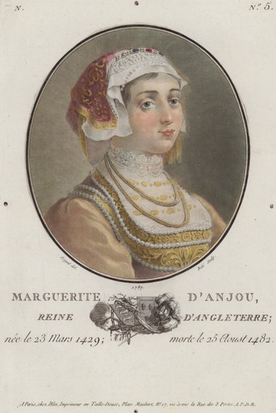 Margareta av Anjou, drottningkonsort till kung Henrik VI av England (färgad gravyr) av English School