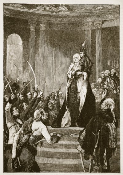 Maria Theresa och det ungerska parlamentet, illustration från Cassells Illustrated History of England (sepiafoto) av English School