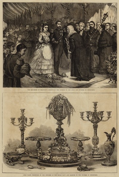 Maria Alexandrovna och hertigen av Edinburgh gifter sig (gravyr) av English School