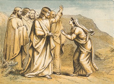 Marta möter Jesus efter Lasarus död (färgad gravyr) av English School