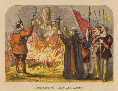 Ridleys och Latimers martyrium (gravyr i färg) av English School