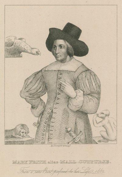 Mary Frith, alias Moll Curpurse, från ett sällsynt tryck med prefixet till hennes liv, 1662 av English School