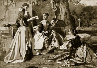Mary Queen of Scots i en klosterträdgård, illustration från Hutchinsons Story of the British Nation, c.1923 av English School