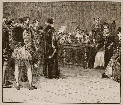 Mary Queen of Scots får besked om sin undergång, illustration från Cassells Illustrated History of England (sepiafoto) av English School