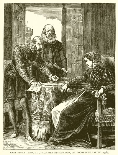 Mary Stuart om Sign her resignation, på Lochleven Castle, 1567 av English School