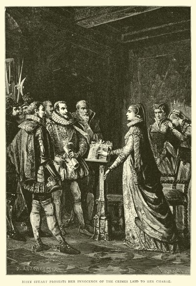 Mary Stuart protesterar mot att hon är oskyldig mot de brott som hon anklagats för av English School