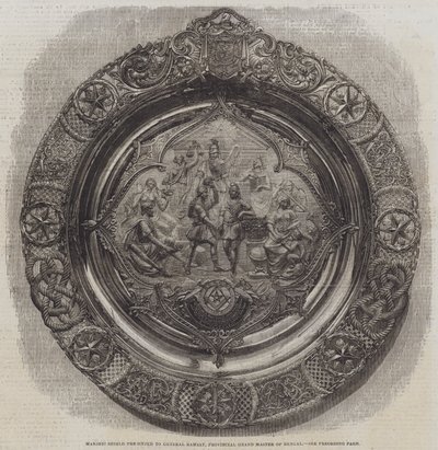 Masonic Shield presenteras för general Ramsay, provinsens stormästare i Bengal (gravyr) av English School