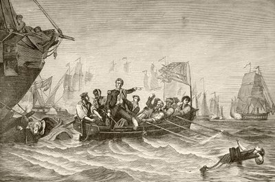 Befälhavare Oliver Hazard Perry flyttar från US Brig Lawrence till US Brig Niagra under slaget vid Lake Erie (litho) av English School