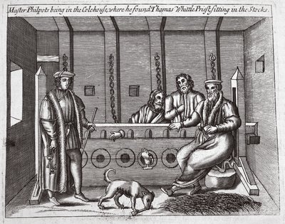 Mästare Philpots var i Colehouse, där han hittade Thomas Whittle, präst, sittande i stockarna, illustration från Acts and Monuments av John Foxe, nionde upplagan, pub. 1684 av English School