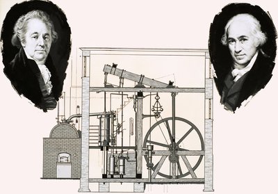Matthew Boulton och James Watt med en av de patenterade ångmaskinerna av English School