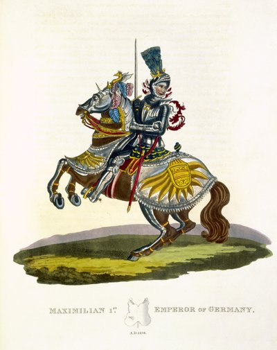 Maximilian I, kung av Tyskland och helig romersk kejsare (1459-1519) 1498, från Ancient Armor av Samuel Rush Meyrick, 1824 av English School