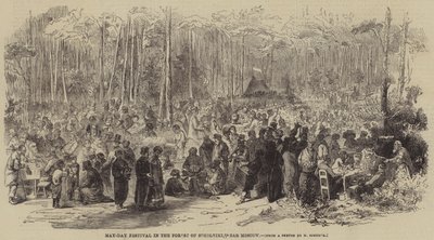 maj-fest i skogen Sokolniki, nära Moskva (gravyr) av English School