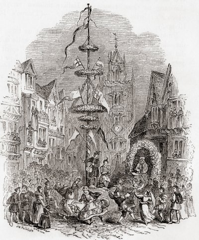 Majstångsdans framför St Andrew Undershaft Church, London, England på 1800-talet, fFrån Old England: Ett bildmuseum, pub. 1847 av English School