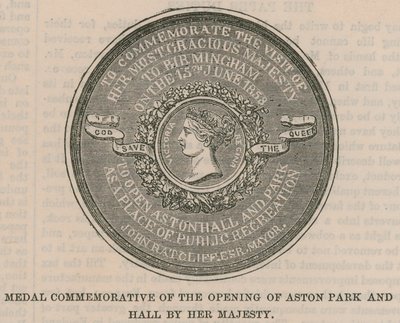 Medalj till minne av invigningen av Aston Park och Hall av Hennes Majestät av English School