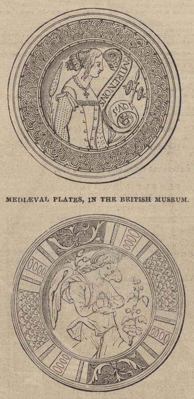 Medeltida plattor, i British Museum (gravyr) av English School