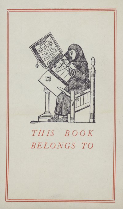 Medeltida skrivare arbetar på ett manuskript, bokägaretikett (färg litho) av English School