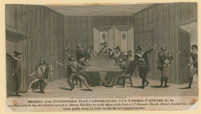 Möte av Gunpowder Plot-konspiratörerna, Guy Fawkes, Catesby, etc av English School