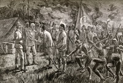 Mehmet Emin Pasha och Gaetano Casati anländer till Sir Henry Morton Stanleys sjöstrandläger vid Lake Albert 1889, 1890 (trägravyr) av English School