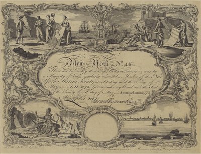 Medlemskapscertifikat för New York Marine Society, 1773 av English School
