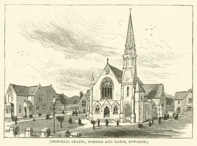 Minneskapell, skolor och prästgård, Epworth (gravyr) av English School