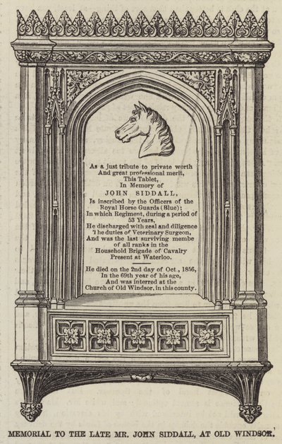 Minnesmärke över avlidne John Siddall, vid Old Windsor (gravyr) av English School