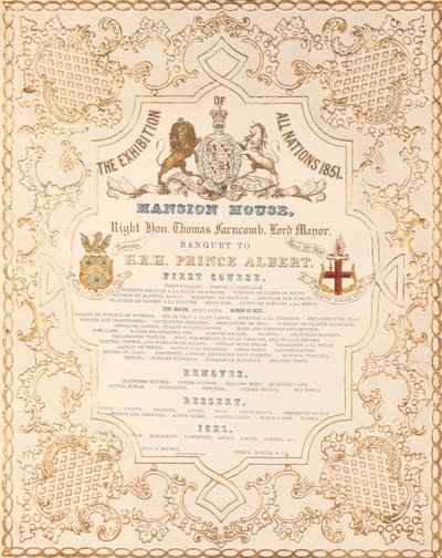 Meny med bankett för prins Albert på Mansion House, för att markera Great Exhibition of All Nations, London, 1851 av English School