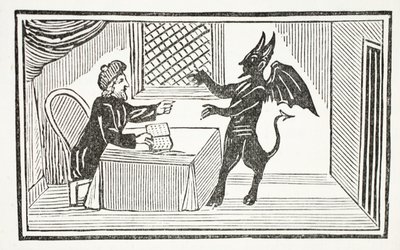 Mephistopheles kommer till Doctors house, illustration från Chap-books of the Eighteenth Century av John Ashton, pub. 1882 av English School