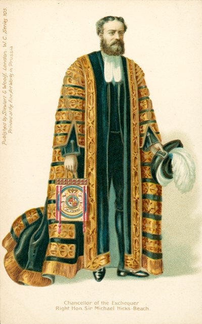 Michael Edward Hicks Beach, finansminister (färglitografi) av English School
