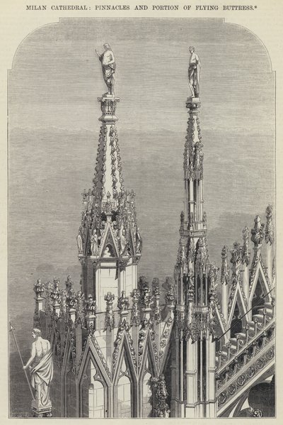 Milanos katedral, höjdpunkter och del av flygande strävpelare (gravyr) av English School