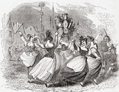 Mjölkflickans dans, med hög av tallrikar, May Day, England, från Old England: Ett bildmuseum, pub. 1847 av English School