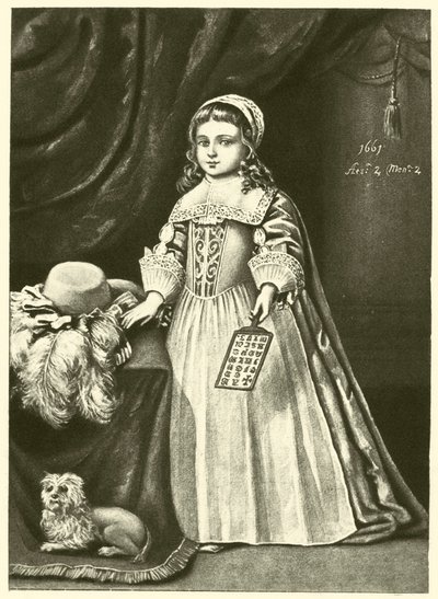 Miss Campion, håller i en hornbok (gravyr) av English School