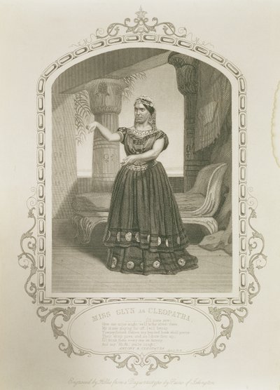 Miss Glyn som Cleopatra, Akt II Scen 5, i Antony and Cleopatra av William Shakespeare (1564-1616) graverad av George Hollis (1792-1842) från en daguerreotypi av Paine of Islington av English School