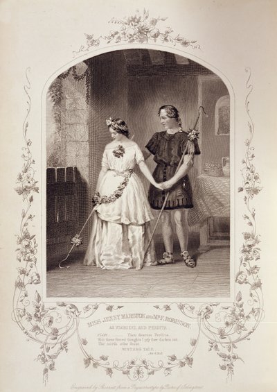 Miss Jenny Marston som Perdita och Mr F. Robinson som Florizel, akt IV scen 3, i The Winters Tale av William Shakespeare (1564-1616) graverad av Thomas Sherratt (fl.1860-80) från en daguerreotypi av Pa av English School