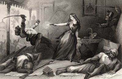 Miss Wheeler försvarade sig mot Sepoys i Cawnpore 1857, från "The History of the Indian Mytery", publicerad 1858 (gravyr) av English School