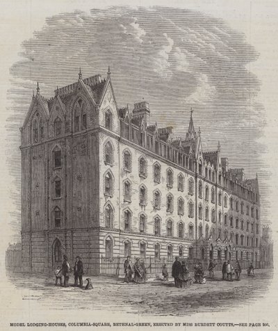 Model Lodging-Houses, Columbia-Square, Bethnal-Green, uppförda av Miss Burdett Coutts (gravyr) av English School
